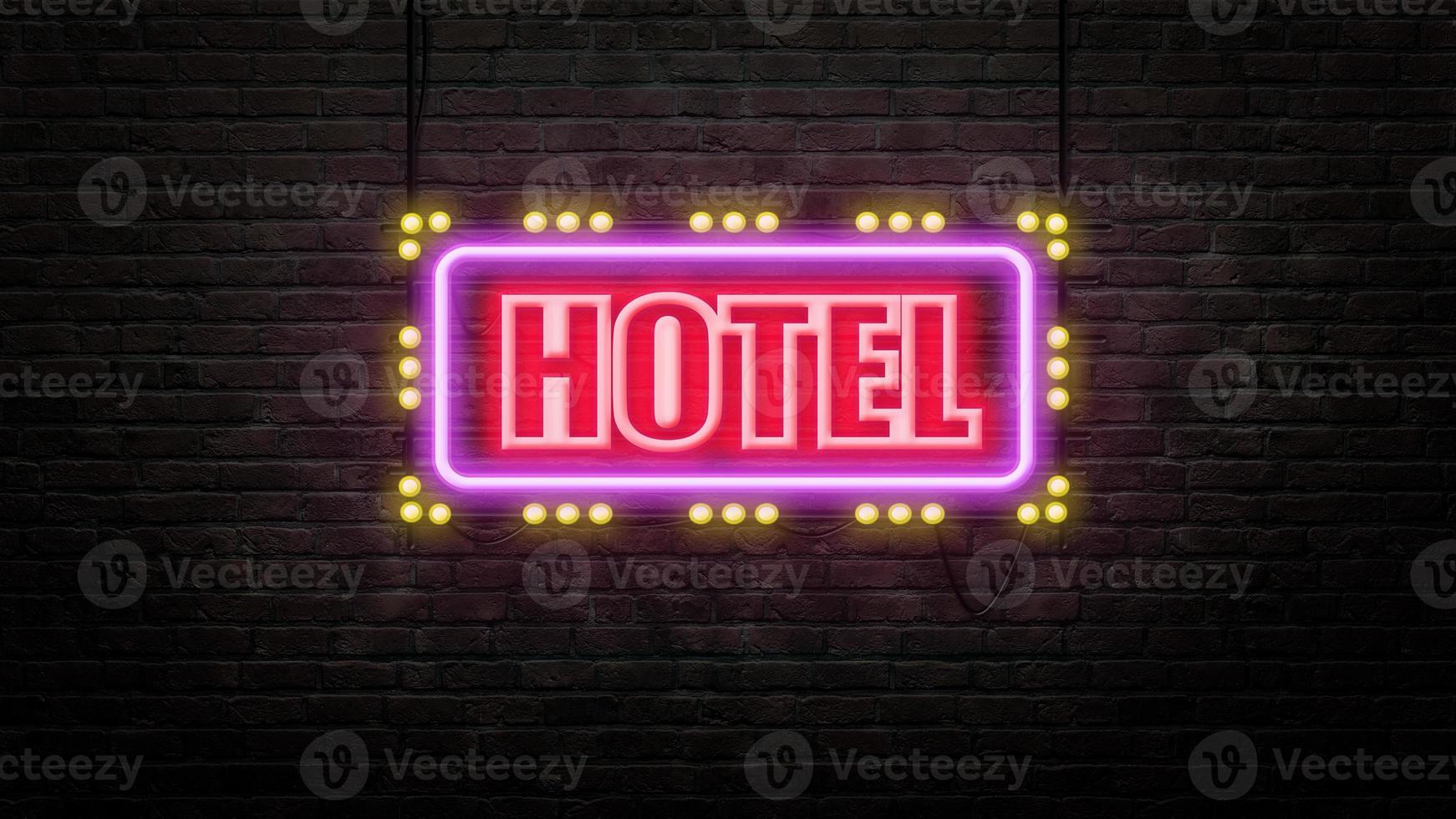 hotel sign emblem in neon style on brick wall background photo