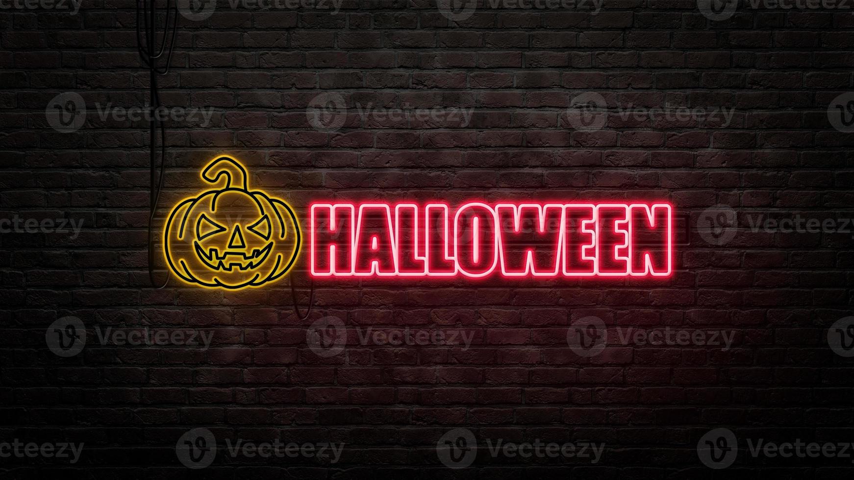 halloween sign emblem in neon style on brick wall background photo