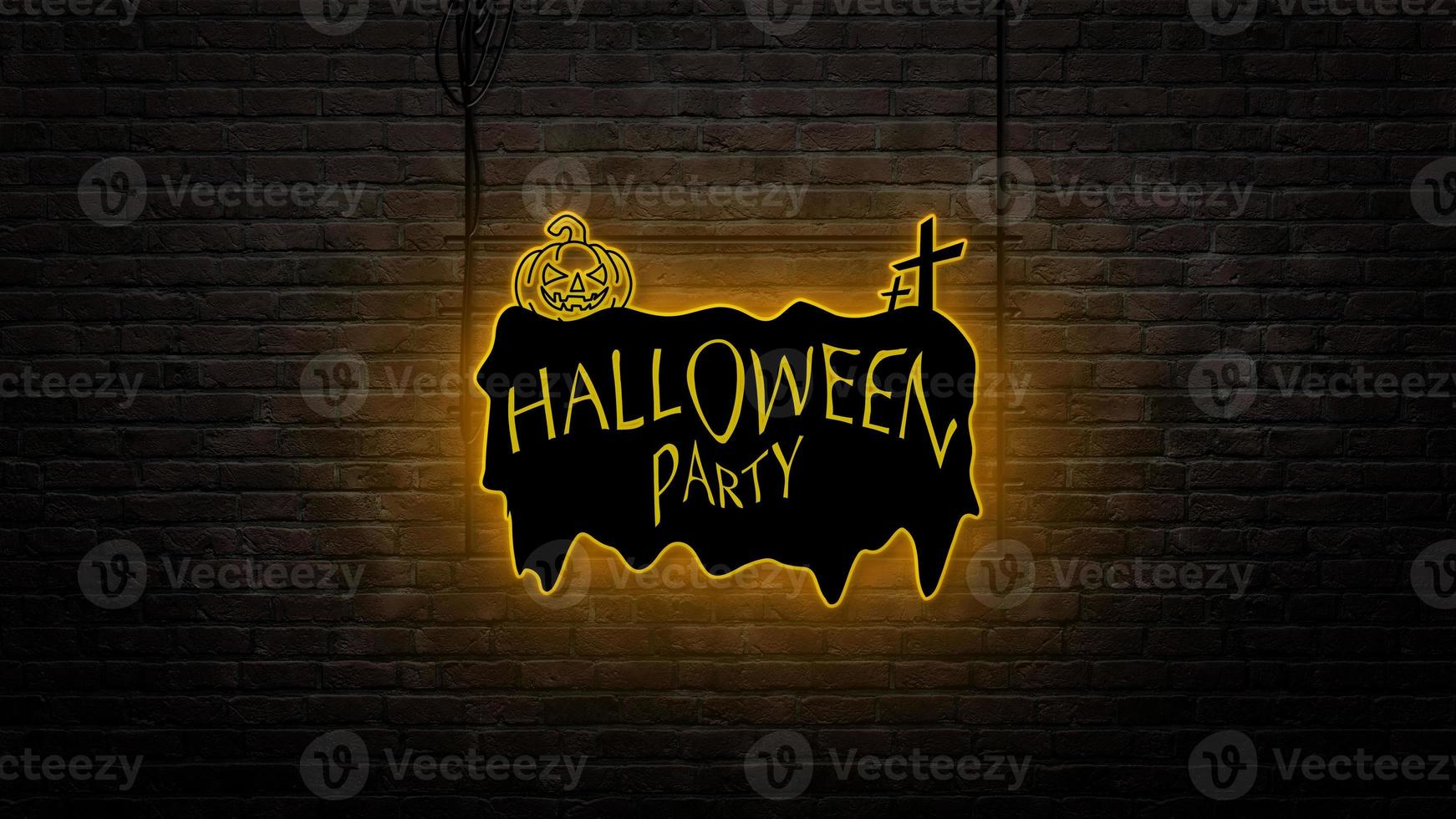 halloween sign emblem in neon style on brick wall background photo