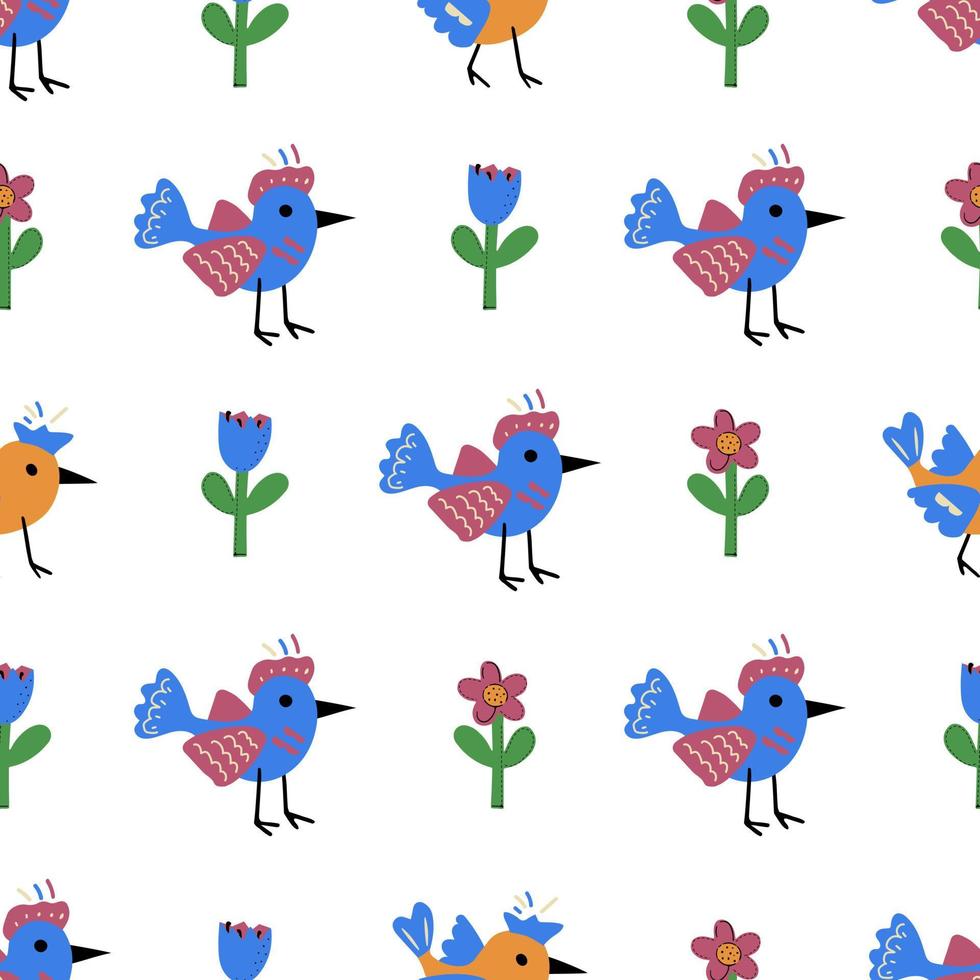 Seamless pattern of cute cartoon birds and flowers. vector