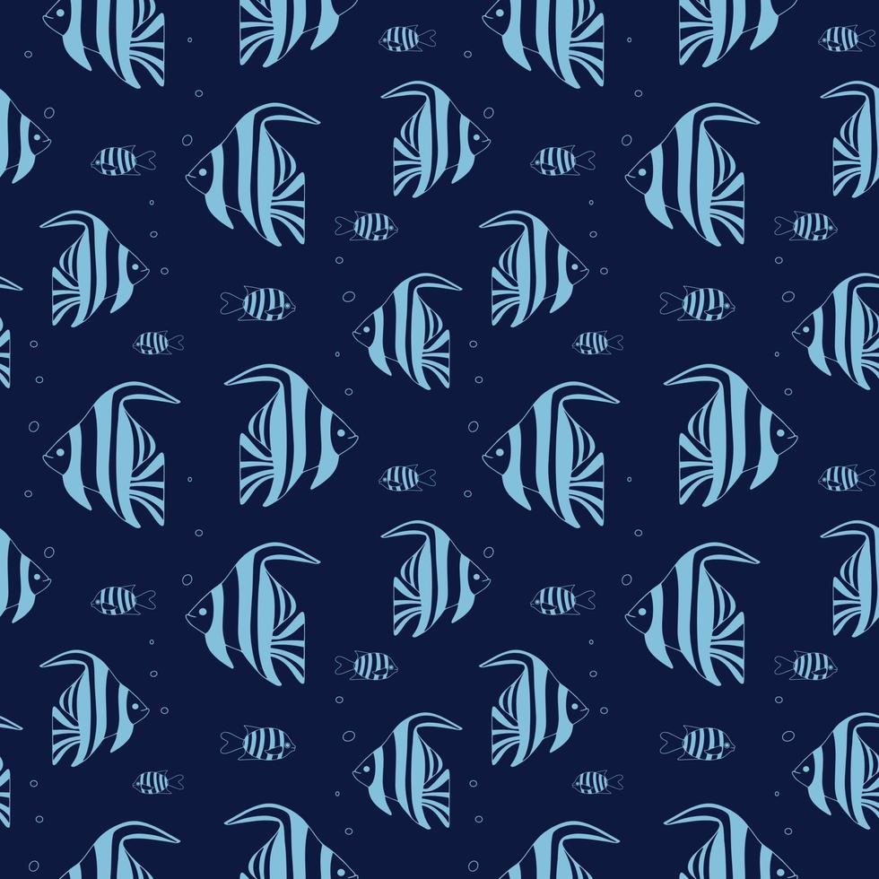 Seamless pattern of exotic coral reef fish. Underwater swimming animals in blue sea water. Tropical striped fish. vector