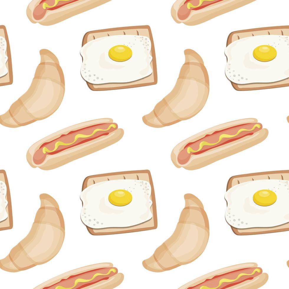 Seamless pattern with fast food. With toast and egg, croissant and hotdog vector