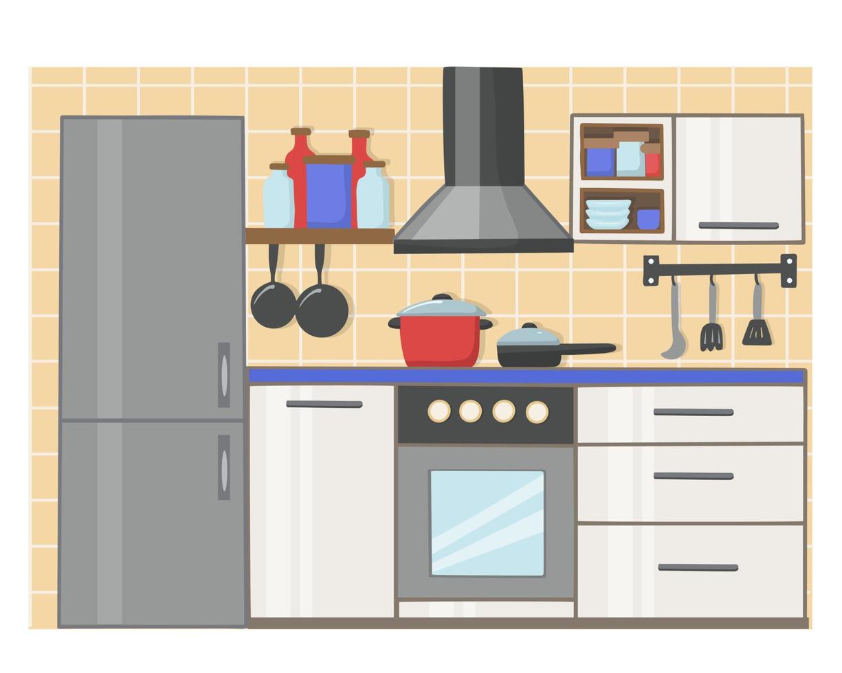 AdKitchen interior with modern furniture and appliances. Flat style refrigerator, stove and hood. Cookware and kitchen utensils. vector