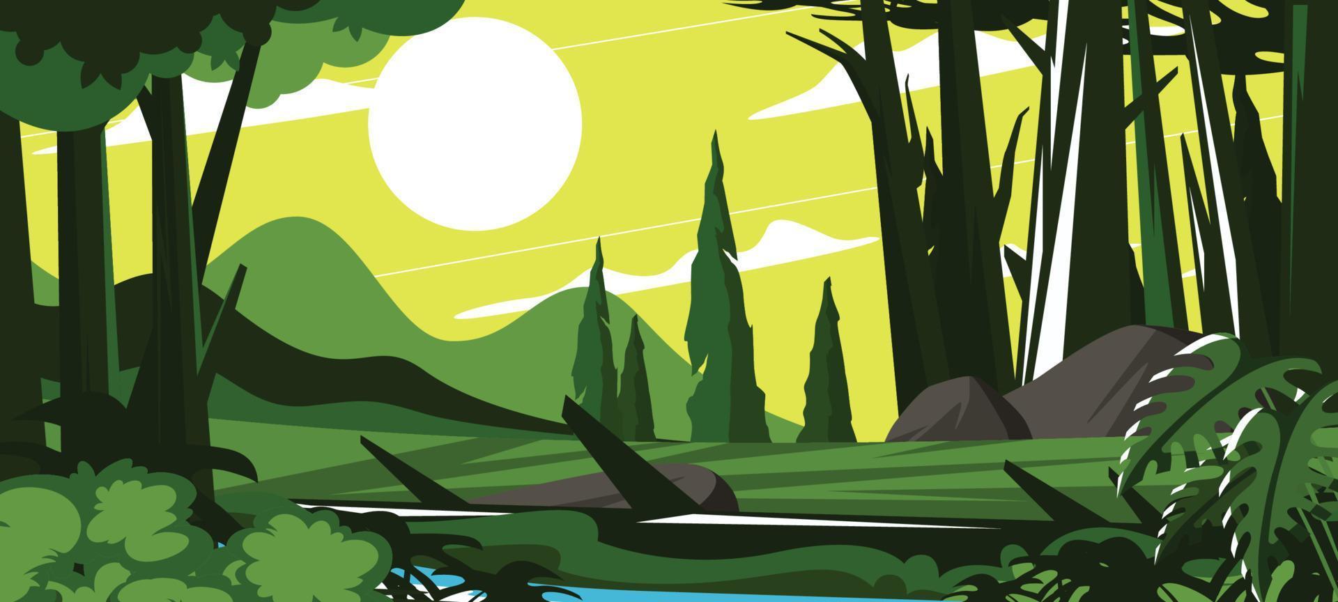 Summer Forest Scenery with Glowing Sun vector