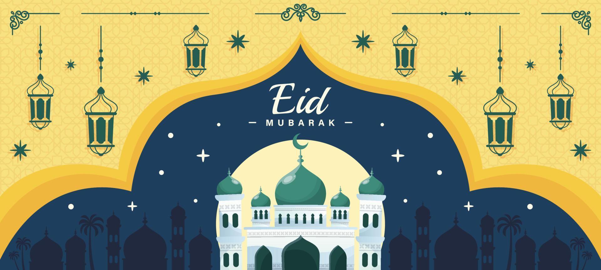 feliz fondo de banner de eid mubarak con mezquita y linternas vector