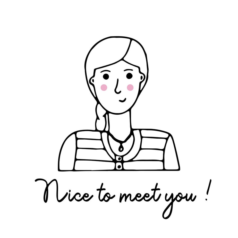 Vector portrait of a female character. Linear hand drawn face with emotion and mood. Friendly inscription. Postcard for social networks