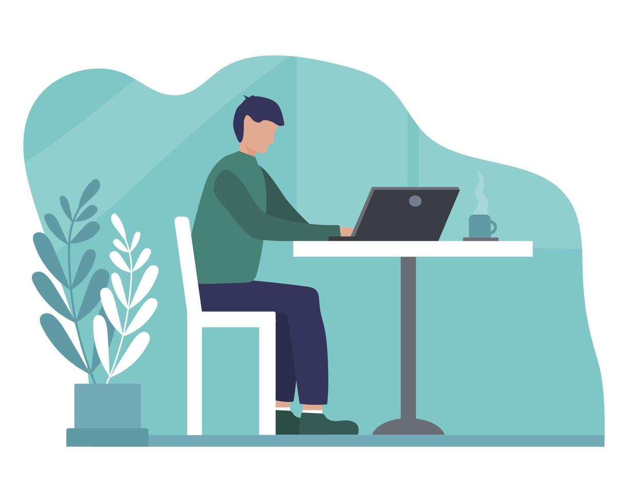 Man at laptop working remotely in cafe vector