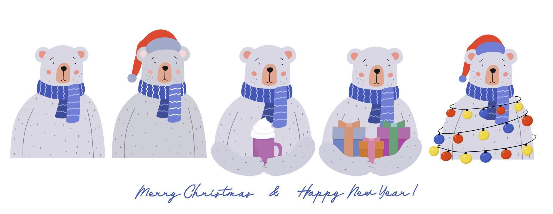 A set of Teddy Bears with Christmas presents, a garland of colorful lights and a Santa hat. vector