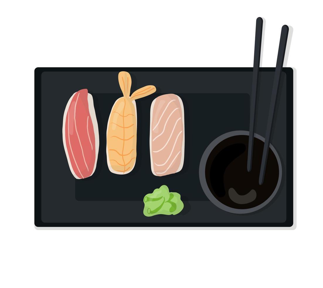 WebSet of traditional Japanese dishes of rolls and sushi with seafood. On a black plate vector