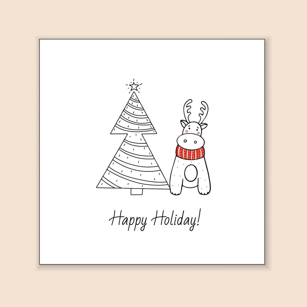 Greeting template with cute reindeer and stylized Christmas tree vector