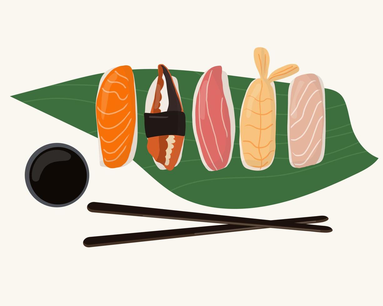 conjunto de platos tradicionales japoneses de rollos y sushi con mariscos. servido en una hoja de palma vector
