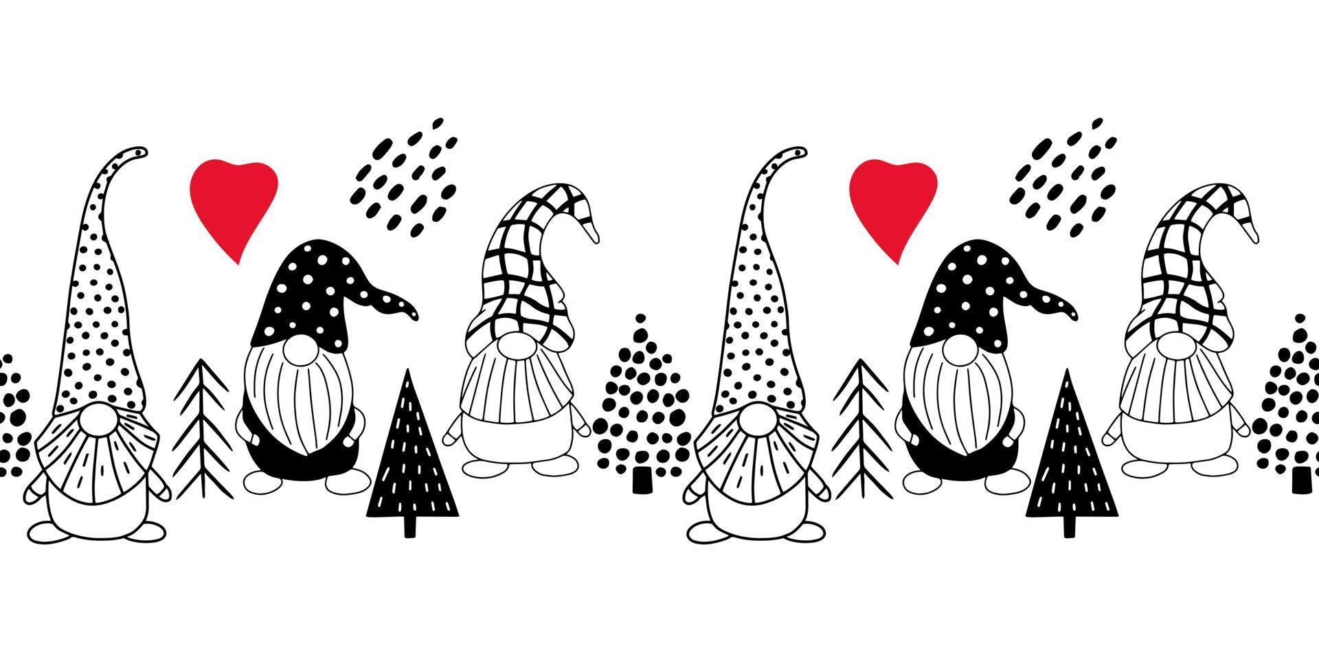 Seamless horizontal pattern with cute hand drawn gnomes and Christmas trees. A Scandinavian style vector background of doodle elements