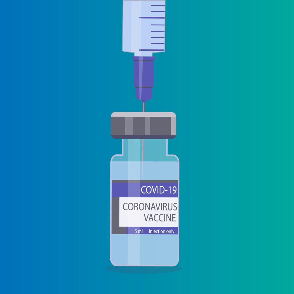 The only effective coronavirus vaccine. Glass ampoule with medicine and syringe. Timely vaccination against Covid-19. Protection against viruses and disease. vector