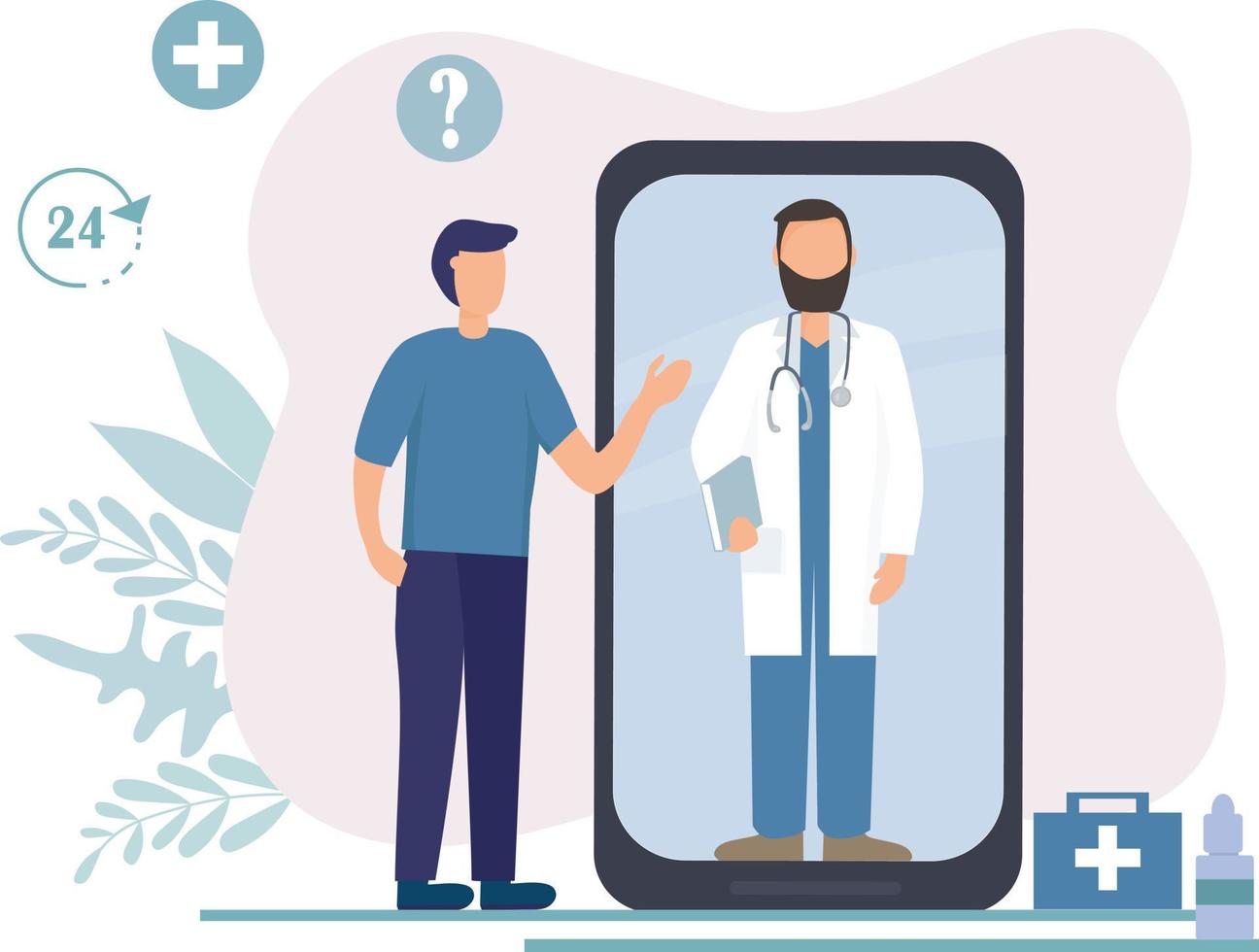 Online medical consultation and care. A person talks to a doctor on a cell phone, using video calls and messenger messages. Telemedicine vector
