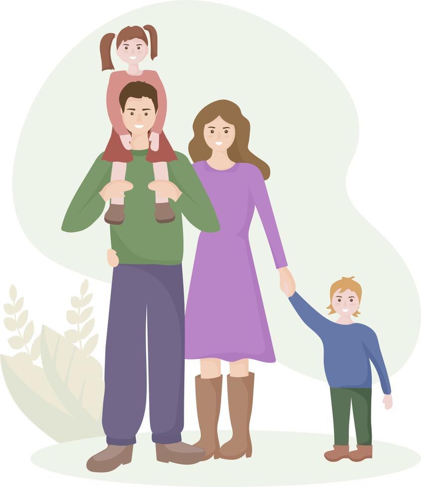 Portrait of a happy family on a walk by parents and children. Mom and Dad are walking with their son and daughter. People smile. vector