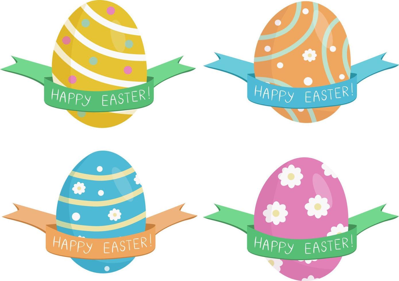 A set of hand painted Easter eggs. Decorated with a ribbon with a greeting inscription. Great Easter symbols, postcards vector