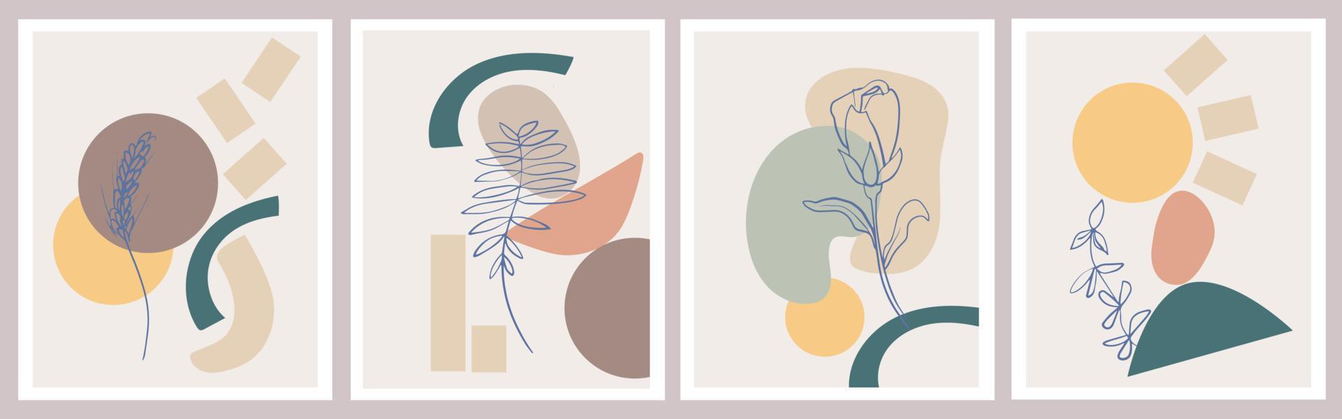 un conjunto de carteles creativos. fondo abstracto moderno en colores pastel. formas geométricas mínimas, plantas botánicas y elementos florales, arte lineal vector