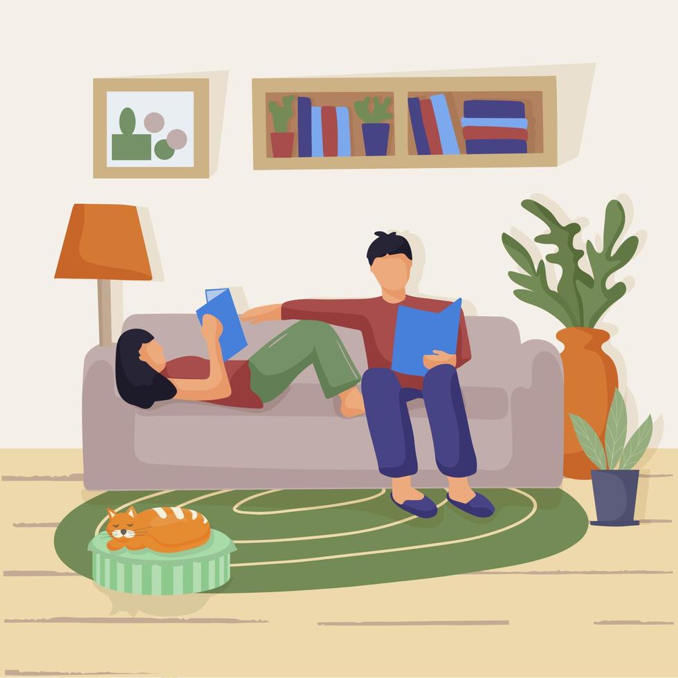 wea joven pareja sentada en el sofá de la sala de estar. están leyendo libros de papel. amor y relaciones. aprendizaje en casa, actividades familiares juntas vector