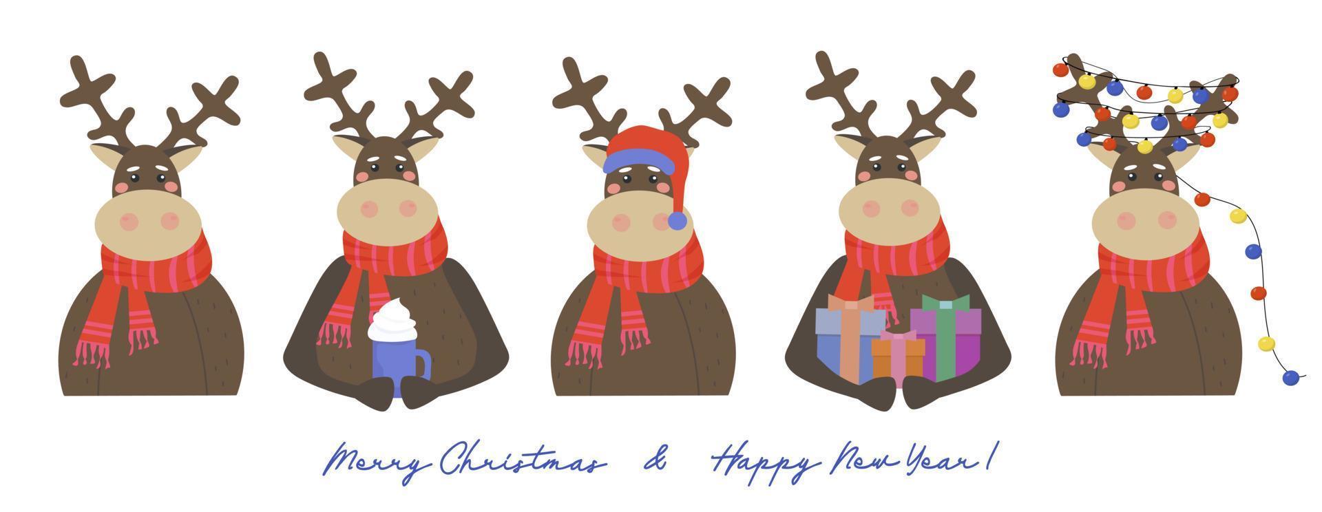 Set of Reindeer with Christmas presents, garland of multicolored lights and Santa hat. vector