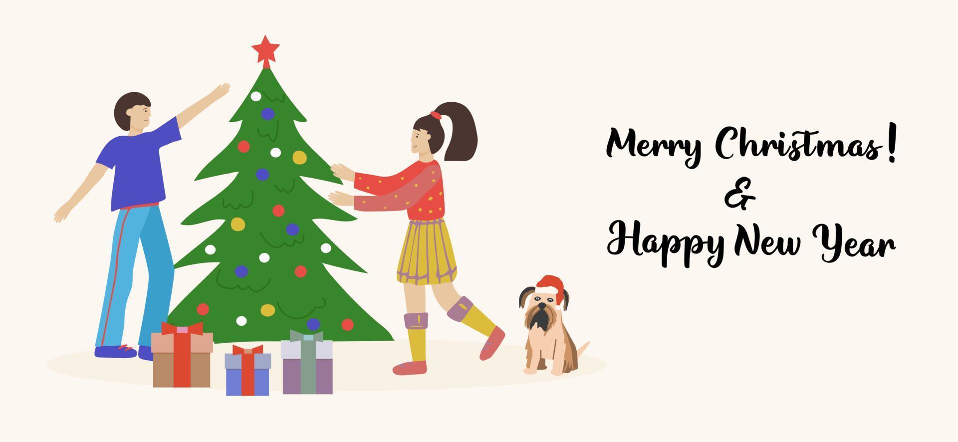 tarjeta de felicitación de feliz navidad. parejas felices, hombres y mujeres jóvenes decorando el árbol de navidad. vector