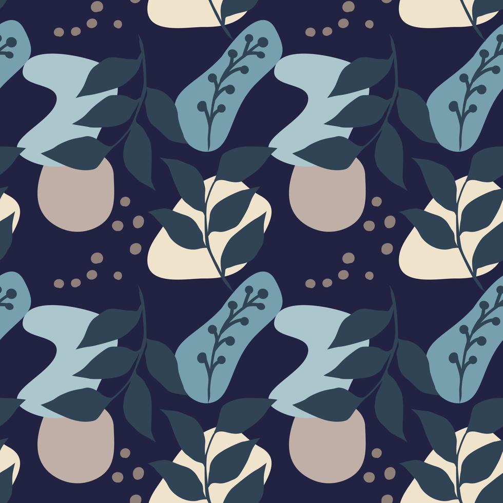 Seamless creative pattern of hand-drawn abstract elements. Branches with leaves and flowing geometric shapes vector