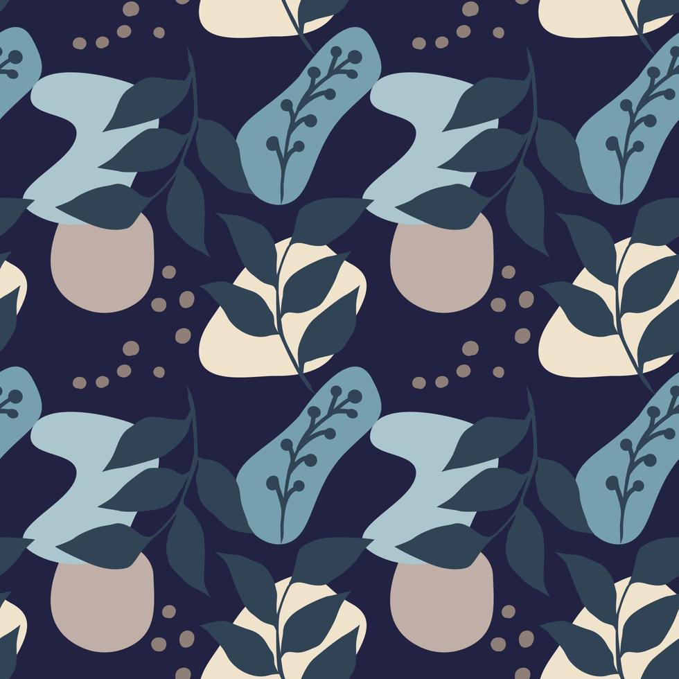 Seamless creative pattern of hand-drawn abstract elements. Branches with leaves and flowing geometric shapes vector