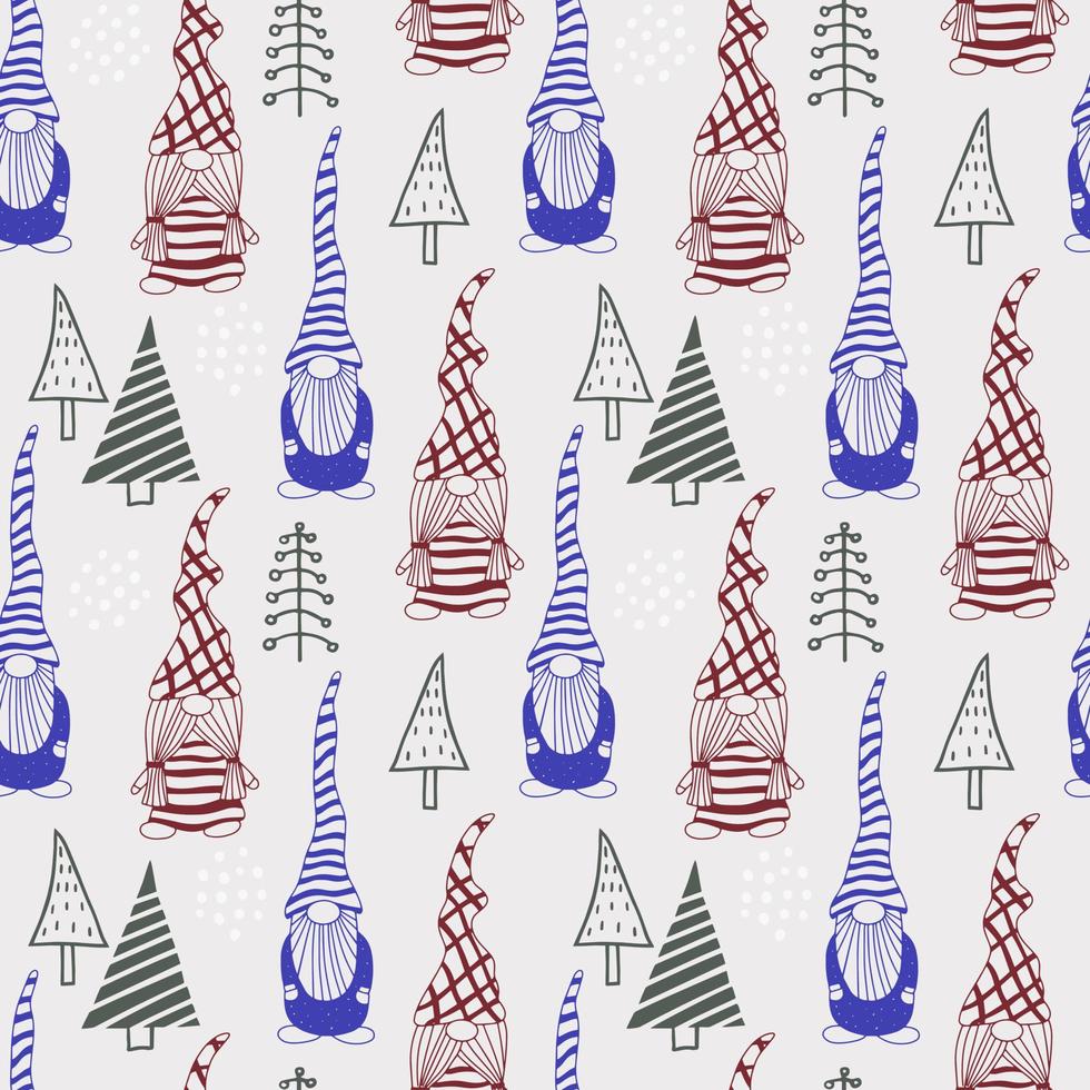 Seamless pattern with a cute hand drawn gnome and a Christmas tree. Scandinavian style vector background of doodle elements