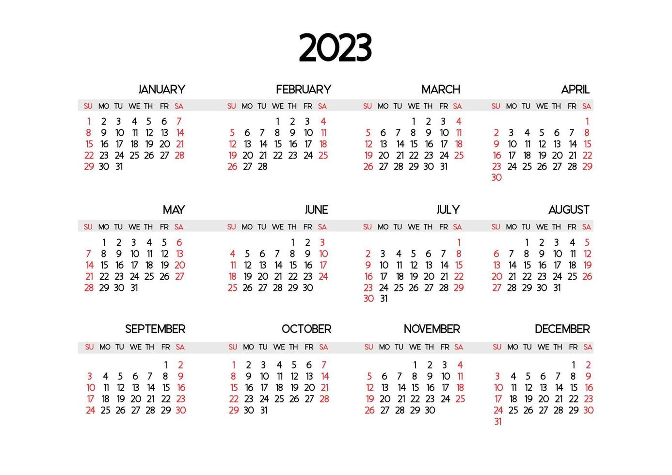 Calendar template for the year 2023. The beginning of the week is Sunday. Highlight the desired holidays in red vector