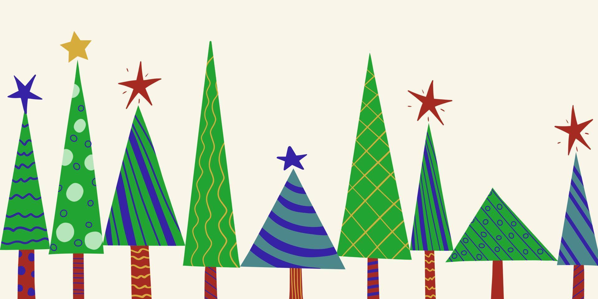 Seamless horizontal New Year pattern of stylized decorated Christmas trees. vector