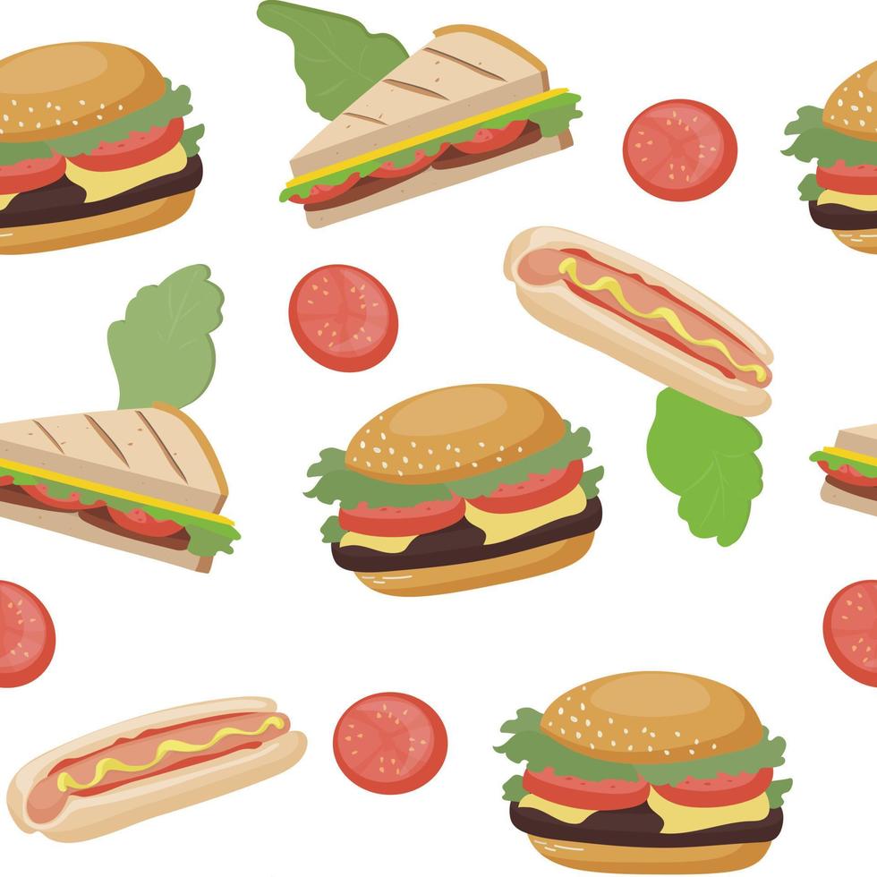 patrón sin costuras con comida rápida. con hamburguesas, sándwiches y perritos calientes. vector