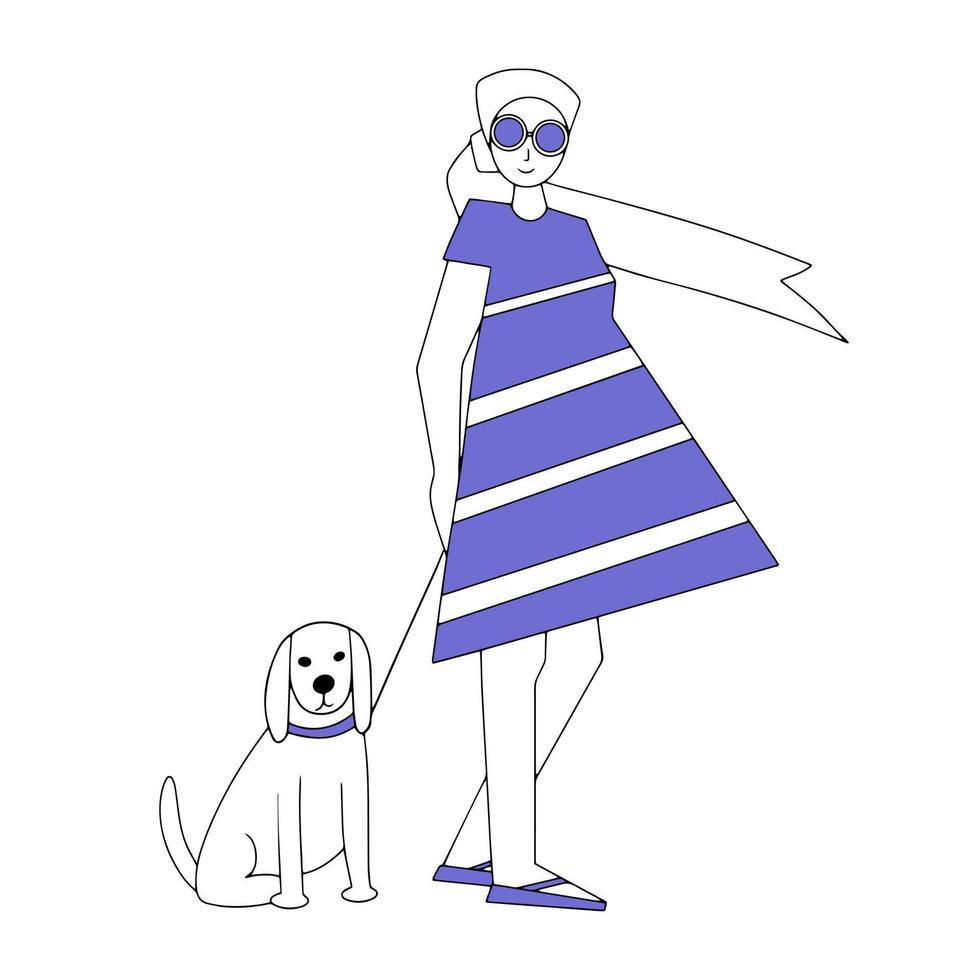 A girl in a dress and headscarf walking her dog. Cartoon cute characters. Linear vector illustration. love for pets.