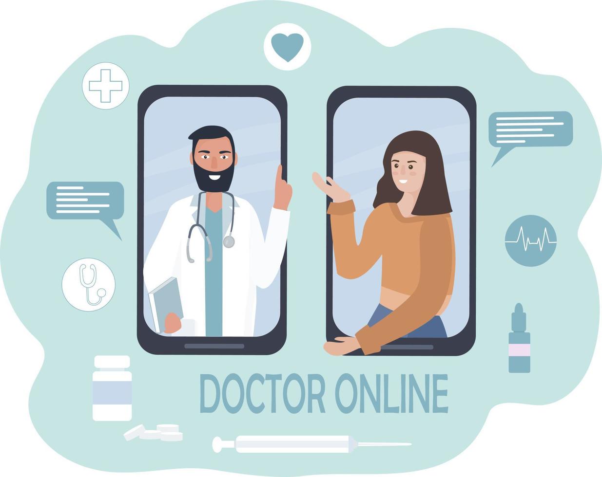 Online medical consultation and care. A person talks to a doctor on a cell phone, using video calls and messenger messages. Telemedicine, remote communication between the patient and the doctor vector