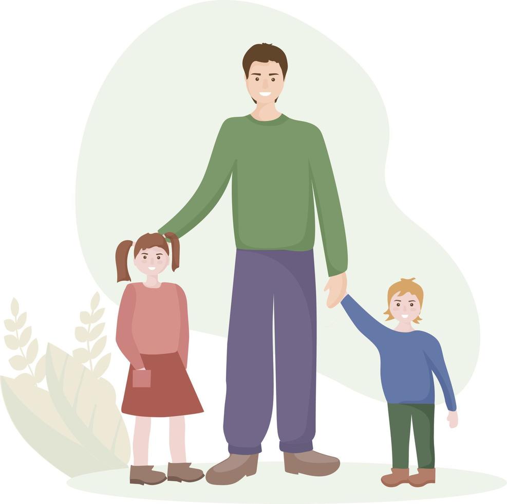 Portrait of a happy family. Father with two children, son and daughter. Celebrating Father s Day. People smile. Notion of love, family values and raising children. vector