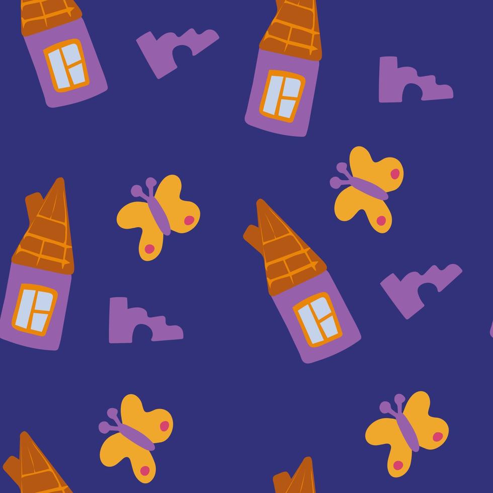Abstract seamless pattern. hand-drawn wooden little houses and butterflies. Simple shapes vector