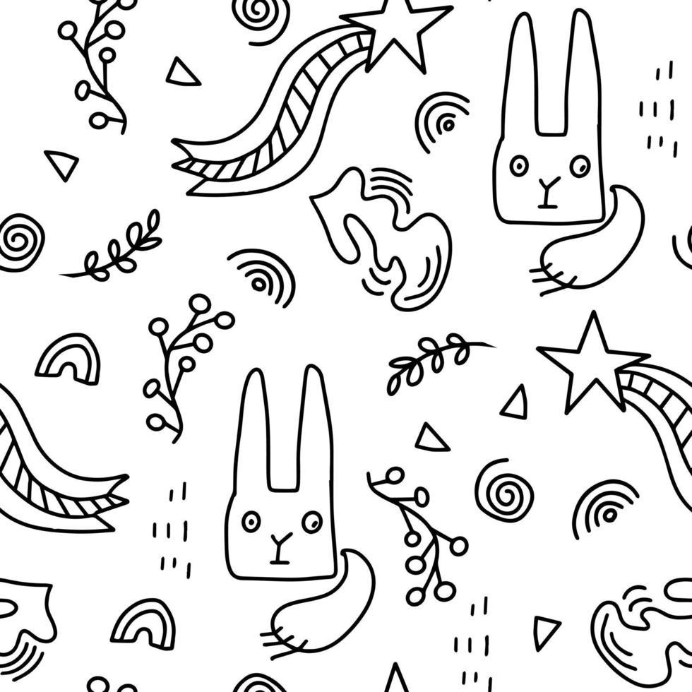 Seamless pattern of abstract vector elements in a simple doodle style. Arrows, letters, shapes, animals and natural elements