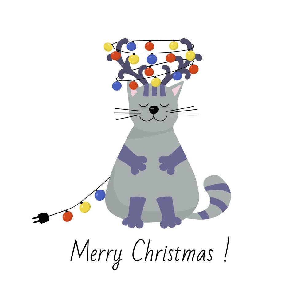 tarjeta de felicitación de navidad. feliz gato gris con cuernos de reno en la cabeza. guirnalda de bombillas multicolores vector