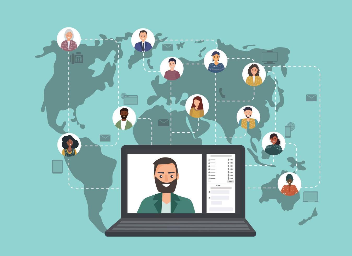 colegas de diferentes países trabajan juntos en línea. Trabajo y comunicación amistosa. conectar personas en la aplicación y mensajeros vector