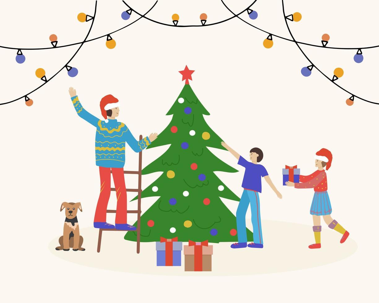 Merry Christmas greeting card. Happy family preparing for the holiday, decorating the Christmas tree. Vector illustration for flyer and booklet, postcard and banner for website
