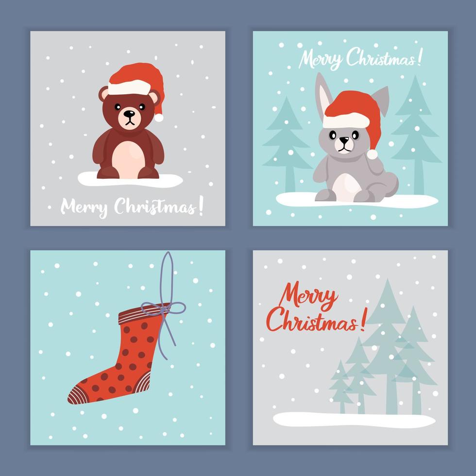 tarjetas de navidad con lindos animales con sombrero de santa claus, con elementos navideños. vector