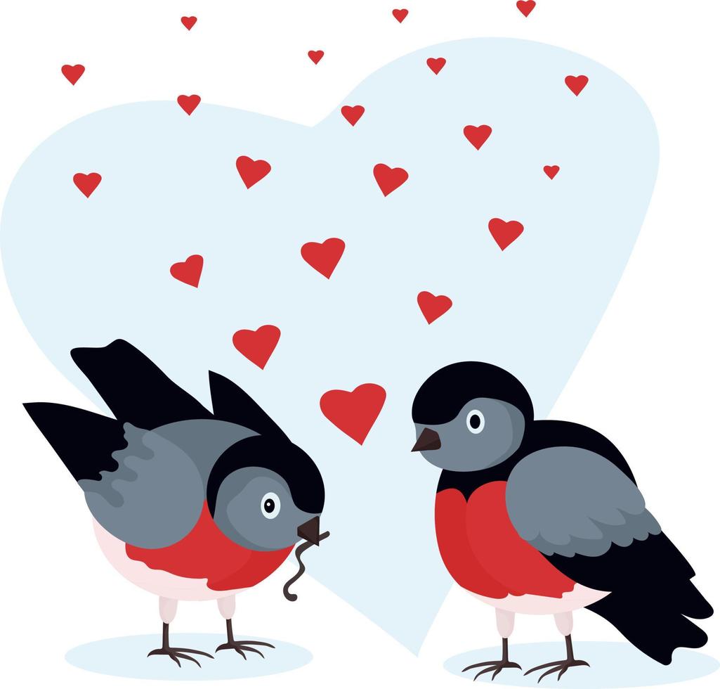 tarjeta del día de san valentín. dos camachuelos y muchos corazones rojos. el pájaro trajo una golosina en forma de gusano. el concepto de amor, cuidado y ternura. san valentin como regalo vector