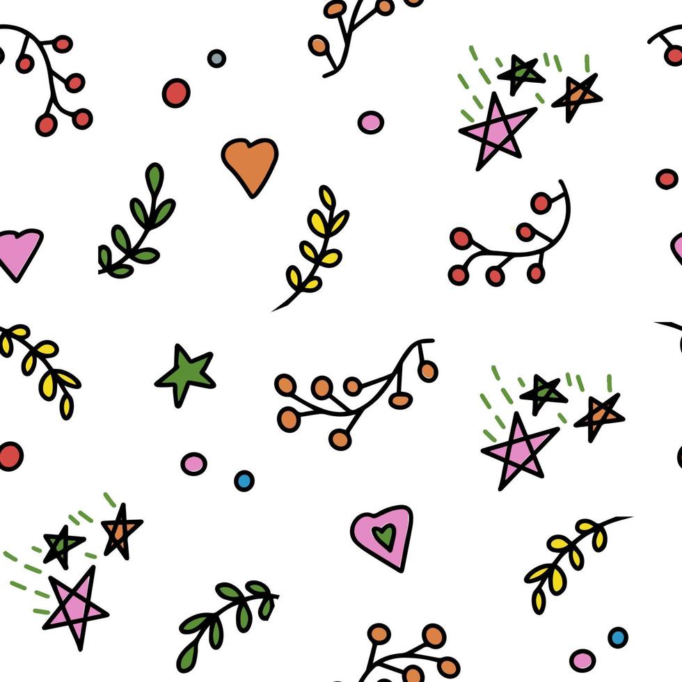 WebSeamless pattern of abstract vector elements in a simple doodle style. Botanical branches with berries and leaves, stars and hearts.