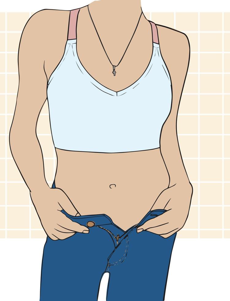 silueta de un cuerpo femenino perfecto. figura deportiva primer plano de torso, brazos, pecho, cintura y caderas. camiseta sin mangas corta y jeans desabrochados. motivación para un estilo de vida adecuado. vector