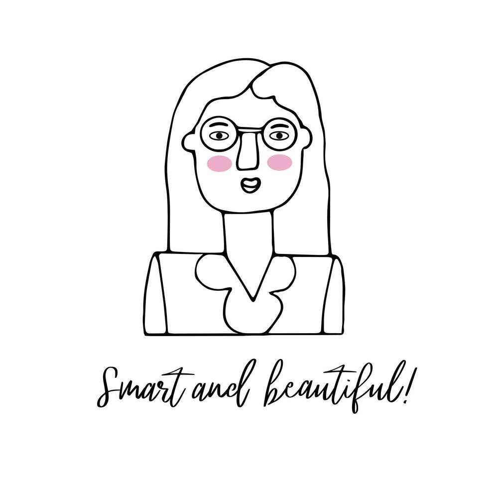 Vector portrait of a female character. Linear hand drawn face with emotion and mood. Friendly inscription. Postcard for social networks