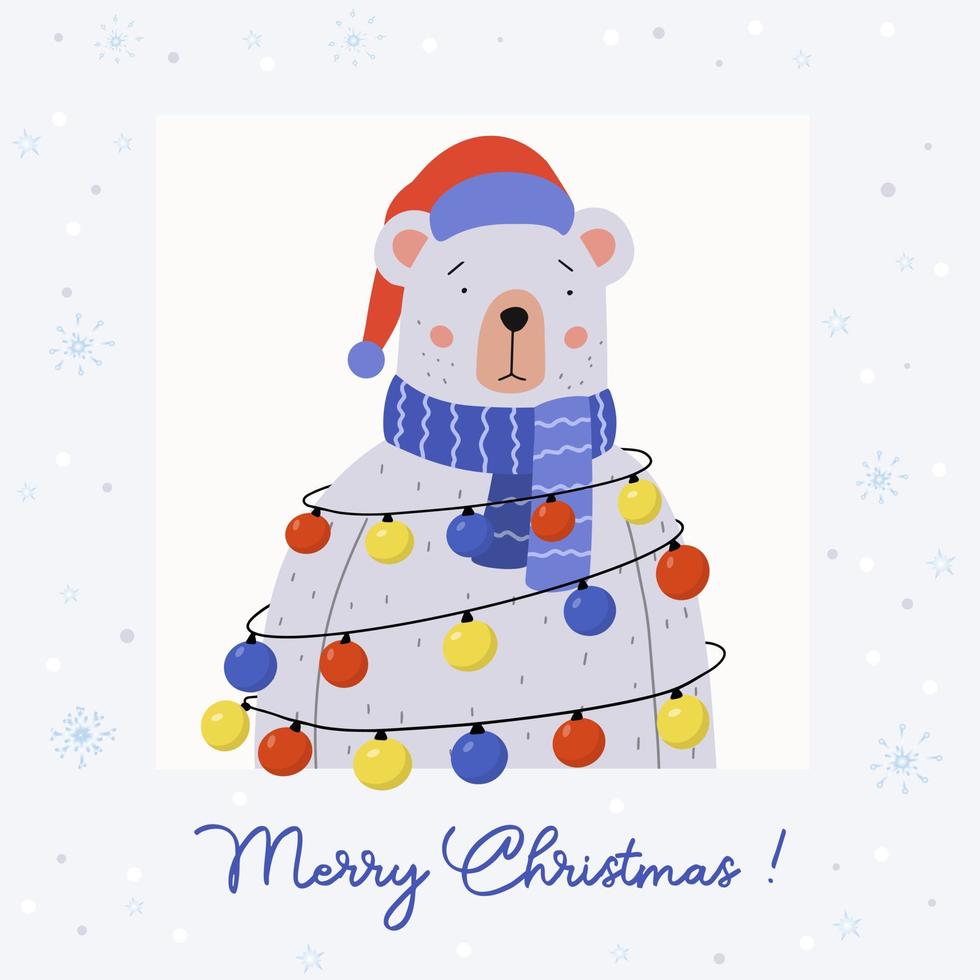 Merry Christmas greeting card. Cute bear wearing a blue scarf and Santa hat. He has garland with multicolored lights on it. vector