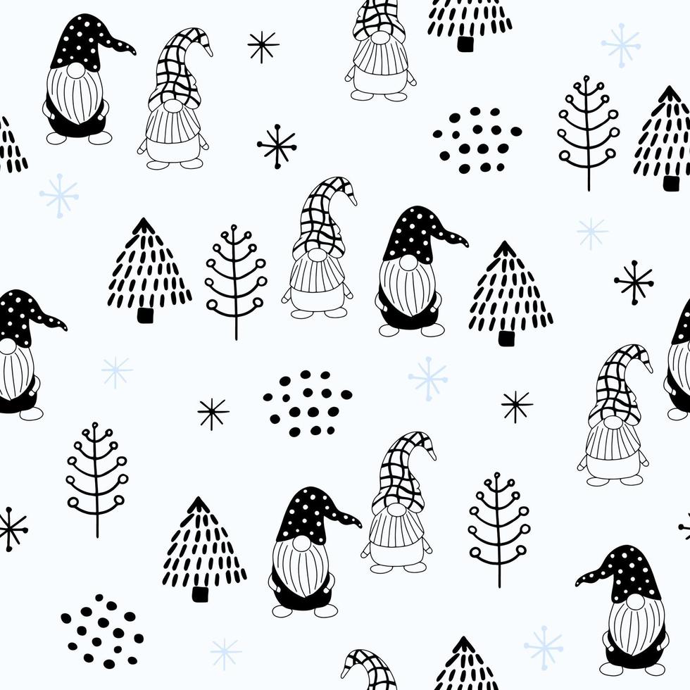 Seamless pattern with a cute hand drawn gnome and a Christmas tree. vector