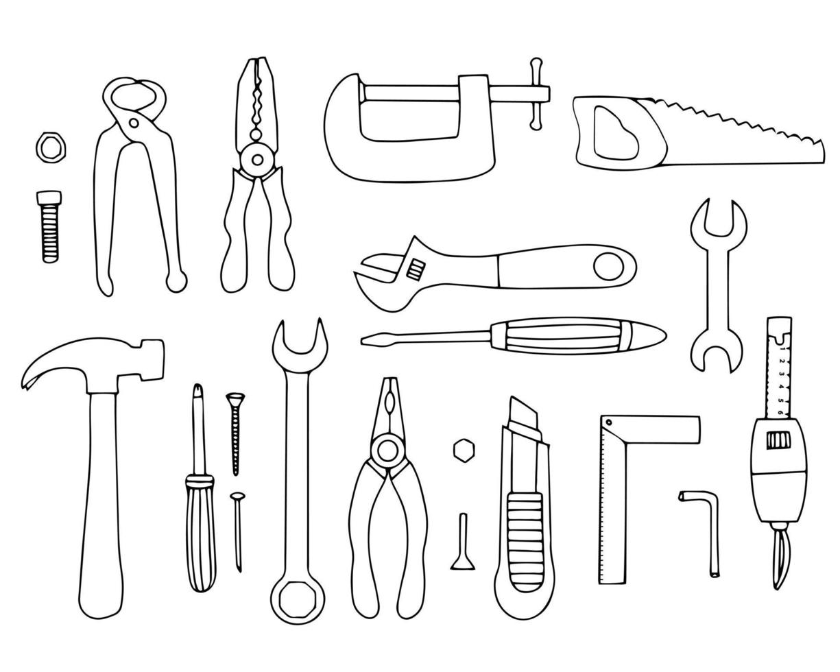 conjunto de herramientas para reparación y construcción. elementos vectoriales para el diseño. dibujo lineal a mano vector
