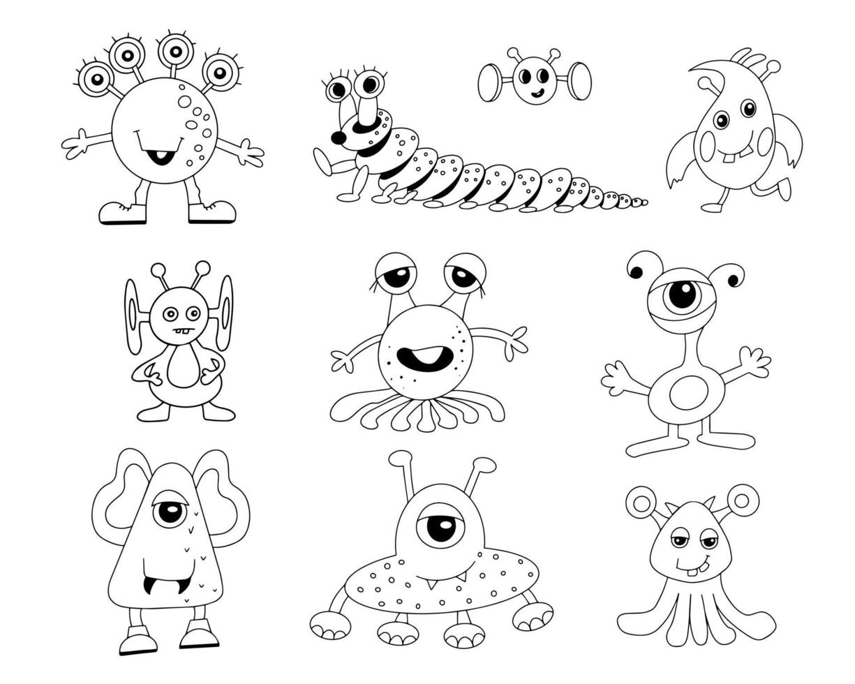 conjunto de monstruos lindos alienígenas. libro de colorear para niños. dibujo lineal a mano vector