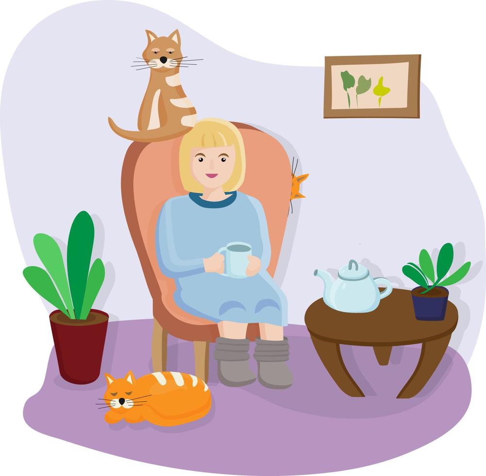 A woman sits at home in a chair with her pets. Time for tea. Find the cat who is hiding. Count the cats. Cozy living room interior with flowers and a picture on the wall. animals best friends. vector