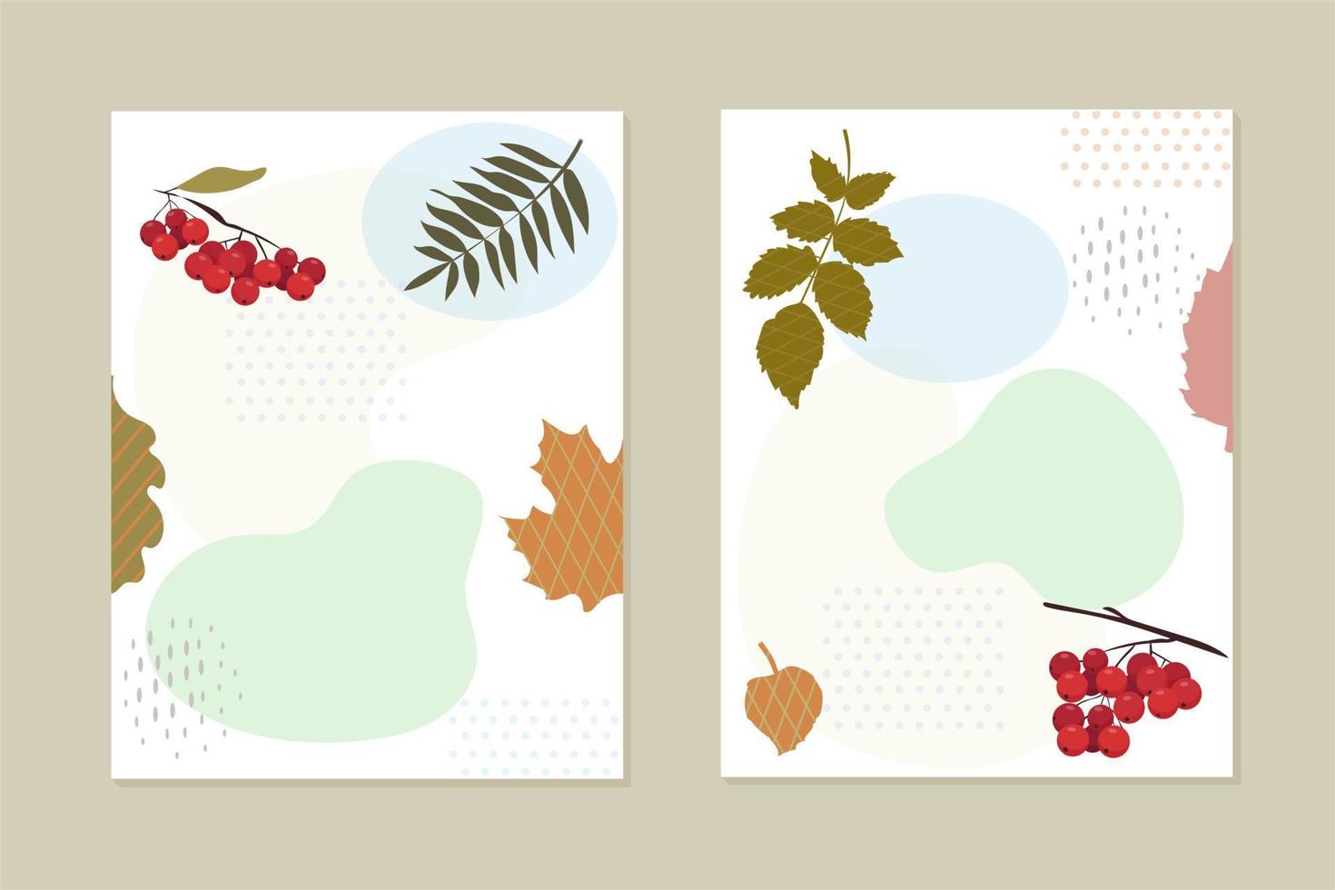 Set of cards, invitations. Clusters of red berries. Stylized leaves of various trees. Abstract geometric shapes vector