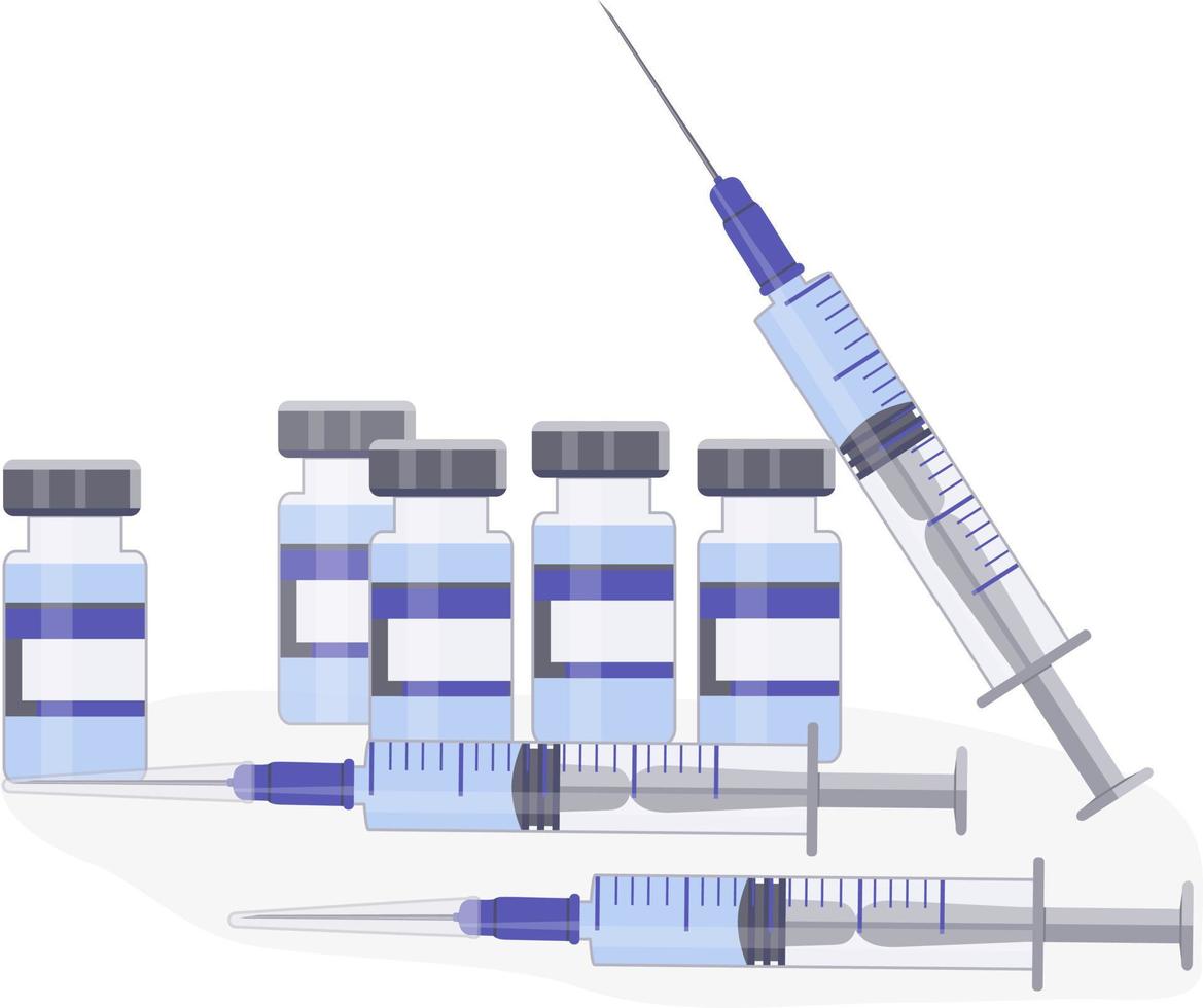 Glass ampoules and medical syringes. Protection against viruses and disease. Coronavirus vaccine. Timely vaccination. Template design of ampoule of medicine for cosmetology. vector